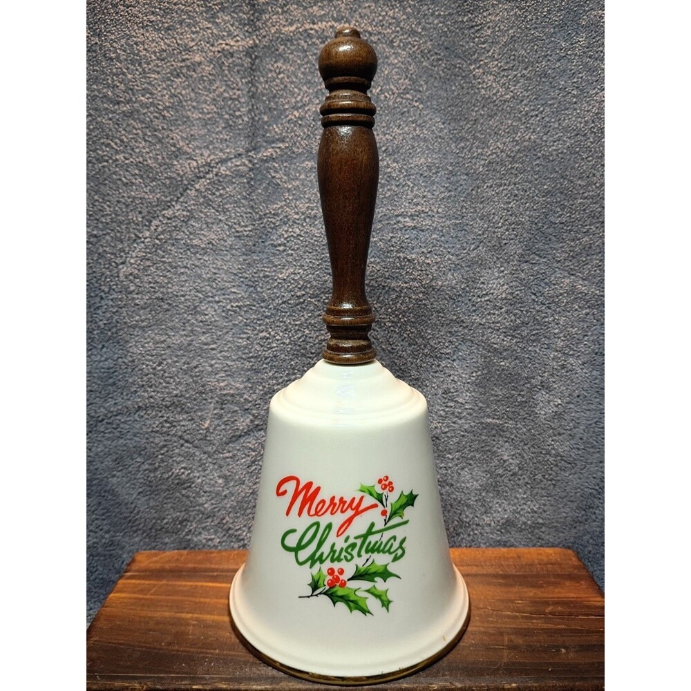 Vintage Fine China Christmas Bell USA Porcelain Wood Handle Brass Clapper Chime